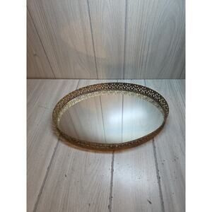 Vintage Gold Filigree Oval Mirrored Vanity Tray 1960's Ornate Victorian